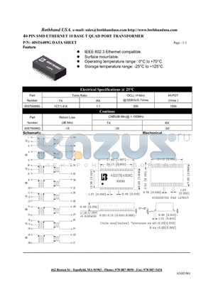 40ST6489G_S datasheet - 40 PIN SMD ETHERNET 10 BASE T QUAD PORT TRANSFORMER