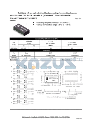 40ST8050A_M datasheet - 40 PIN SMD ETHERNET 10-BASE T QUAD PORT TRANSFORMER