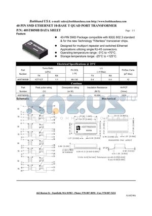 40ST8050B datasheet - 40 PIN SMD ETHERNET 10-BASE T QUAD PORT TRANSFORMER