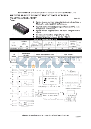 40ST8050C datasheet - 40 PIN SMD 10-BASE T QUAD SMT TRANSFORMER MODULES