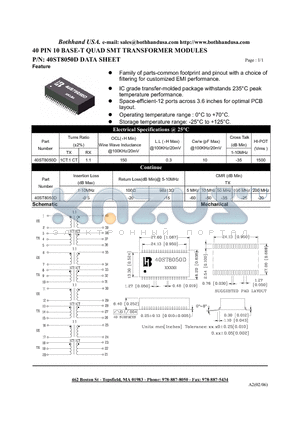 40ST8050D_S datasheet - 40 PIN 10 BASE-T QUAD SMT TRANSFORMER MODULES