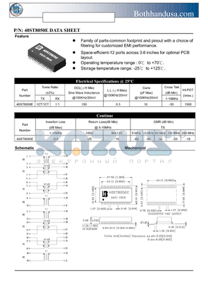 40ST8050E datasheet - 40 PIN 10 BASE-T QUAD SMT TRANSFORMER MODULES