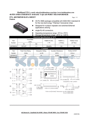 40ST8051B_M datasheet - 40 PIN SMD ETHERNET 10-BASE T QUAD PORT TRANSFORMER