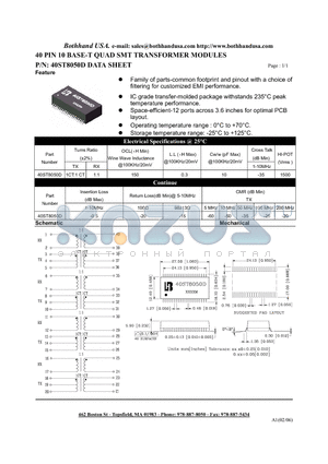 40ST8050D datasheet - 40 PIN 10 BASE-T QUAD SMT TRANSFORMER MODULES