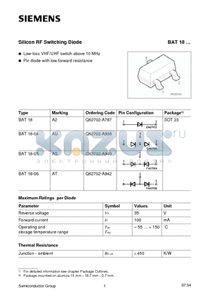 BAT18- datasheet - Silicon RF Switching Diode (Low-loss VHF/UHF switch above 10 MHz Pin diode with low forward resistance)