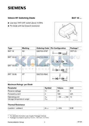 BAT18-04 datasheet - Silicon RF Switching Diode (Low-loss VHF/UHF switch above 10 MHz Pin diode with low forward resistance)