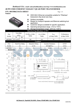 40ST8062 datasheet - 40 PIN SMD ETHERNET 10-BASE T QUAD PORT TRANSFORMER