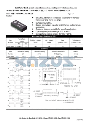 40ST8062_M datasheet - 40 PIN SMD ETHERNET 10-BASE T QUAD PORT TRANSFORMER