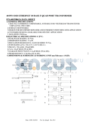 40ST8062A datasheet - 40 PIN SMD ETHERNET 10 BASE-T QUAD PORT TRANSFORMER