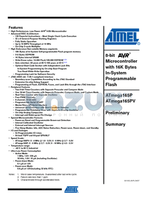 ATMEGA165P datasheet - 8-bit Microcontroller with 16K Bytes In-System Programmable Flash