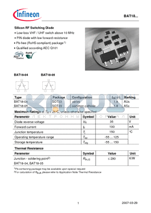 BAT18_07 datasheet - Silicon RF Switching Diode