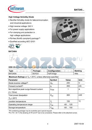 BAT240A datasheet - High Voltage Schottky Diode