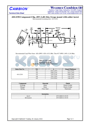 410-2330 datasheet - Component Clip, .055 (1,40) Slot, Swage mount with solder turret