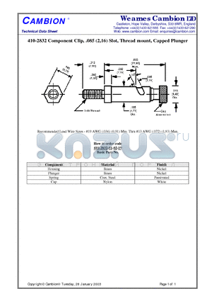 410-2832 datasheet - Component Clip, .085 (2,16) Slot, Thread mount, Capped Plunger