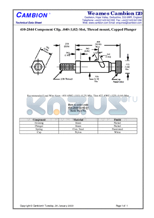 410-2844 datasheet - Component Clip, .040 (1,02) Slot, Thread mount, Capped Plunger