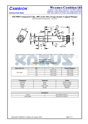 410-3089 datasheet - Component Clip, .085 (2,16) Slot, Swage mount, Capped Plunger