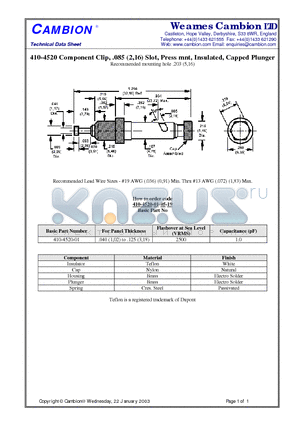 410-4520 datasheet - Component Clip, .085 (2,16) Slot, Press mnt, Insulated, Capped Plunger