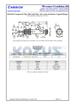 410-4522 datasheet - Component Clip, .040 (1,02) Slot, Press mnt, Insulated, Capped Plunger