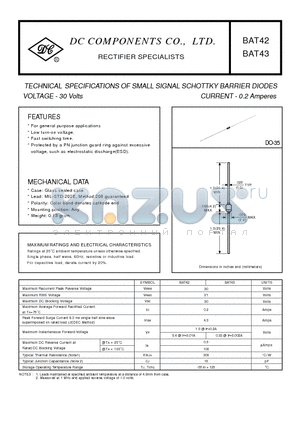 BAT42 datasheet - TECHNICAL SPECIFICATIONS OF SMALL SIGNAL SCHOTTKY BARRIER DIODES