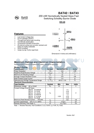 BAT42 datasheet - 200 mW Hermetically Sealed Glass Fast Switching Schottky Barrier Diode