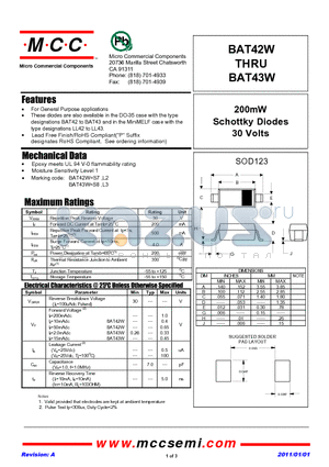 BAT42W datasheet - 200mW Schottky Diodes 30 Volts