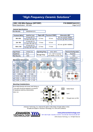 0500DP44A1215 datasheet - 1200 /1200 MHz Diplexer (BPF/BRF)