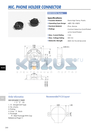 050102FA datasheet - MIC. PHONE HOLDER CONNECTOR