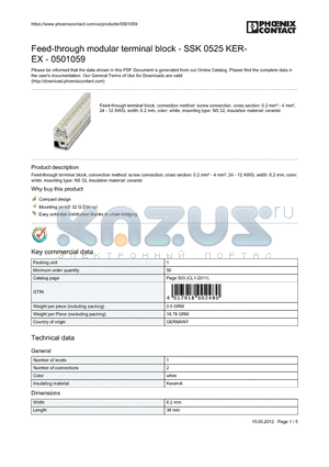 0501059 datasheet - Feed-through terminal block, connection method: screw connection, cross section