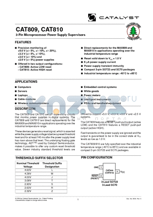 CAT809 datasheet - 3-Pin Microprocessor Power Supply Supervisors