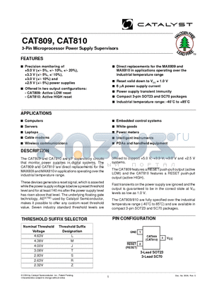 CAT809JEXR-T datasheet - 3-Pin Microprocessor Power Supply Supervisors