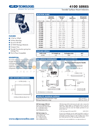 41100 datasheet - Toroidal Surface Mount Inductors