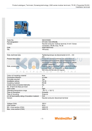 0501470000 datasheet - Neutral conductor modular terminal, 6 mmb, Screw connection, PA 66, blue, TS 35