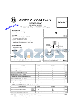 BAT43BPT datasheet - SCHOTTKY DIODE VOLTAGE 30 Volts CURRENT 0.2 Ampere