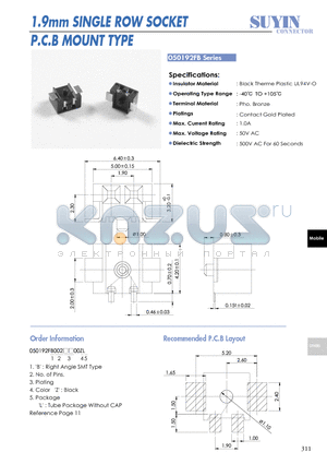 050192FB datasheet - 1.9mm SINGLE ROW SOCKET P.C.B MOUNT TYPE