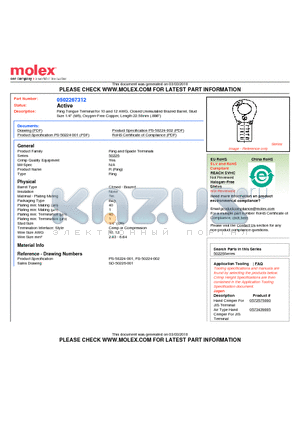 0502267312 datasheet - Ring Tongue Terminal for 10 and 12 AWG, Closed Uninsulated Brazed Barrel, StudSize 1/4