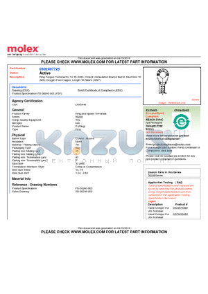 0502407725 datasheet - Ring Tongue Terminal for 14-16 AWG, Closed Uninsulated Brazed Barrel, Stud Size 10(M5), Oxygen-Free Copper, Length 16.50mm (.650