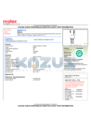 0503227112 datasheet - Spade Tongue Terminal for 16-22 AWG, Closed Uninsulated Brazed Barrel, Stud Size5 (M3), Oxygen-Free Copper, Length 15.00mm (.591