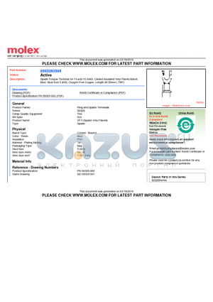 0503263504 datasheet - Spade Tongue Terminal for 14 and 16 AWG, Closed Insulated Vinyl Flared BarrelBlue, Stud Size 5 (M3), Oxygen-Free Copper, Length 20.30mm (.799