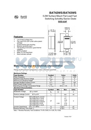 BAT43WS datasheet - 0.2W Surface Mount Flat Lead Fast Switching Schottky Barrier Diode