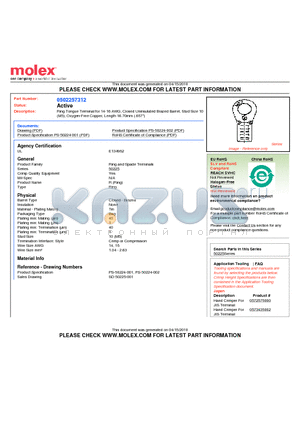 0502257312 datasheet - Ring Tongue Terminal for 14-16 AWG, Closed Uninsulated Brazed Barrel, Stud Size 10(M5), Oxygen-Free Copper, Length 16.70mm (.657