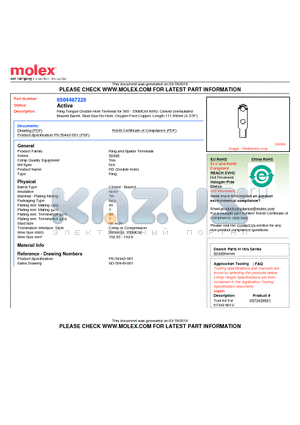 0504467225 datasheet - Ring Tongue Double Hole Terminal for 300 - 350MCM AWG, Closed UninsulatedBrazed Barrel, Stud Size No Hole, Oxygen-Free Copper, Length 111.00mm (4.370