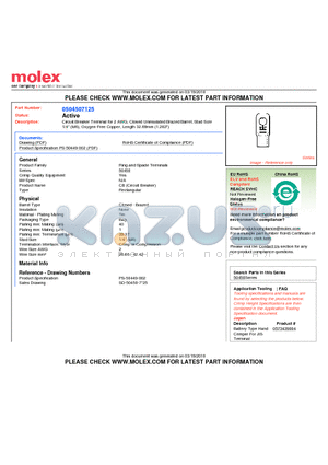 0504507125 datasheet - Circuit Breaker Terminal for 2 AWG, Closed Uninsulated Brazed Barrel, Stud Size1/4