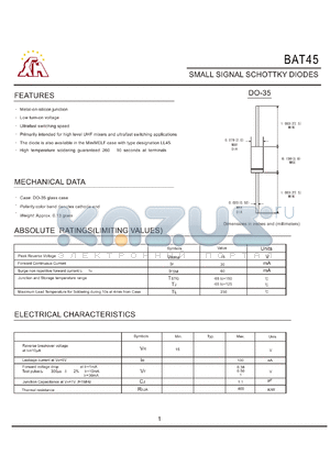 BAT45 datasheet - SMALL SINGAL SCHOTTKY DIODES