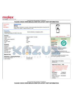 0505437225 datasheet - Ring Tongue Terminal for 4/0 AWG, Closed Uninsulated Brazed Barrel, Stud Size M10 Oxygen-Free Copper, Length 55.60mm (2.189