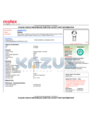 0505557412 datasheet - Ring Tongue Terminal for 8 AWG, Closed Uninsulated Brazed Barrel, Stud Size 8 (M4 Oxygen-Free Copper, Width 12.00mm (.472