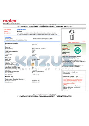 0505567112 datasheet - Ring Tongue Terminal for 6 AWG, Closed Uninsulated Brazed Barrel, Stud Size1/4