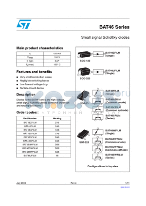 BAT46AWFILM datasheet - Small signal Schottky diodes