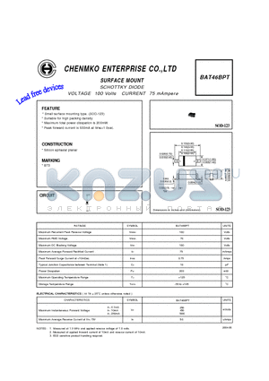 BAT46BPT datasheet - SCHOTTKY DIODE VOLTAGE 100 Volts CURRENT 75 mAmpere