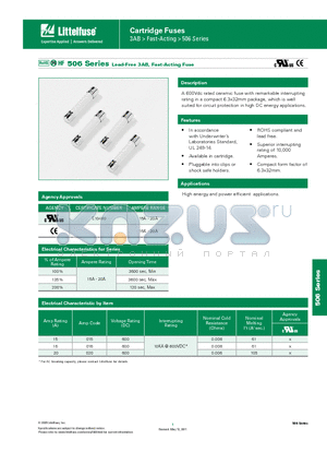 0506015.MXP datasheet - Cartridge Fuses 3AB > Fast-Acting > 506 Series