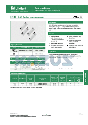 0508.500MXP datasheet - Cartridge Fuses, 3AB 1000VAC / DC High Voltage Fuse